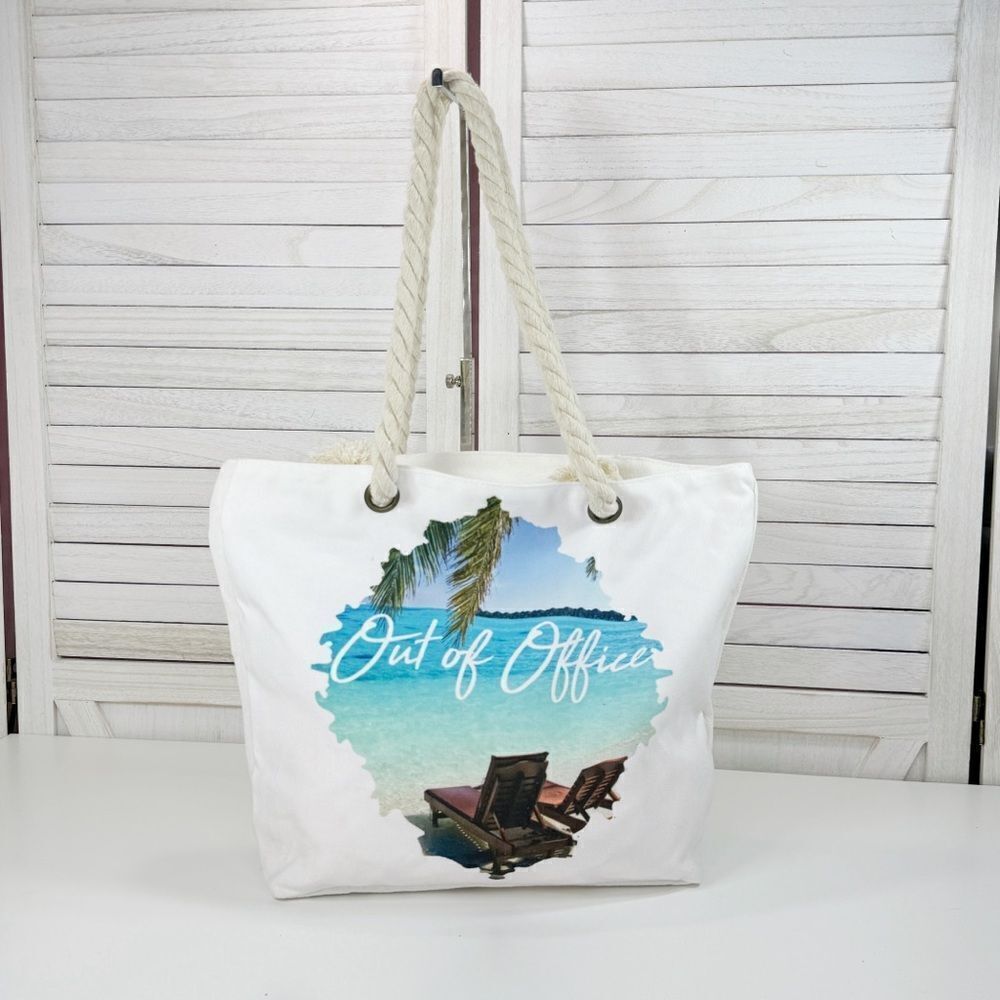 Tropical Out Of Office Beach Scene Canvas Tote Bag White Rope Straps